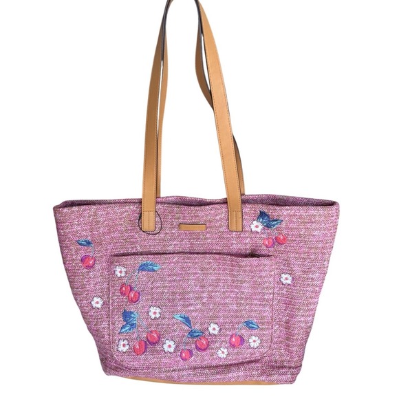Vera Bradley Handbags - Vera Bradley XL Straw Tote Bag Hidden Pocket Pink Cherry Woven Embroidery Lined